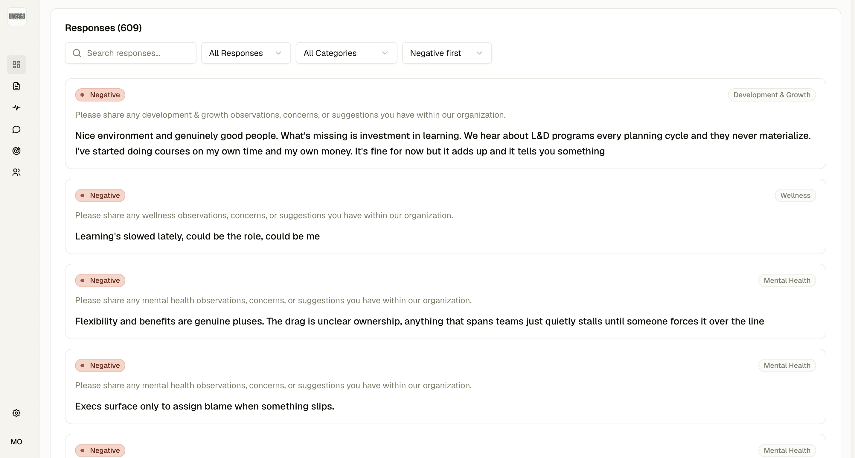 Employee responses view with AI sentiment labels and survey categories attached to each comment