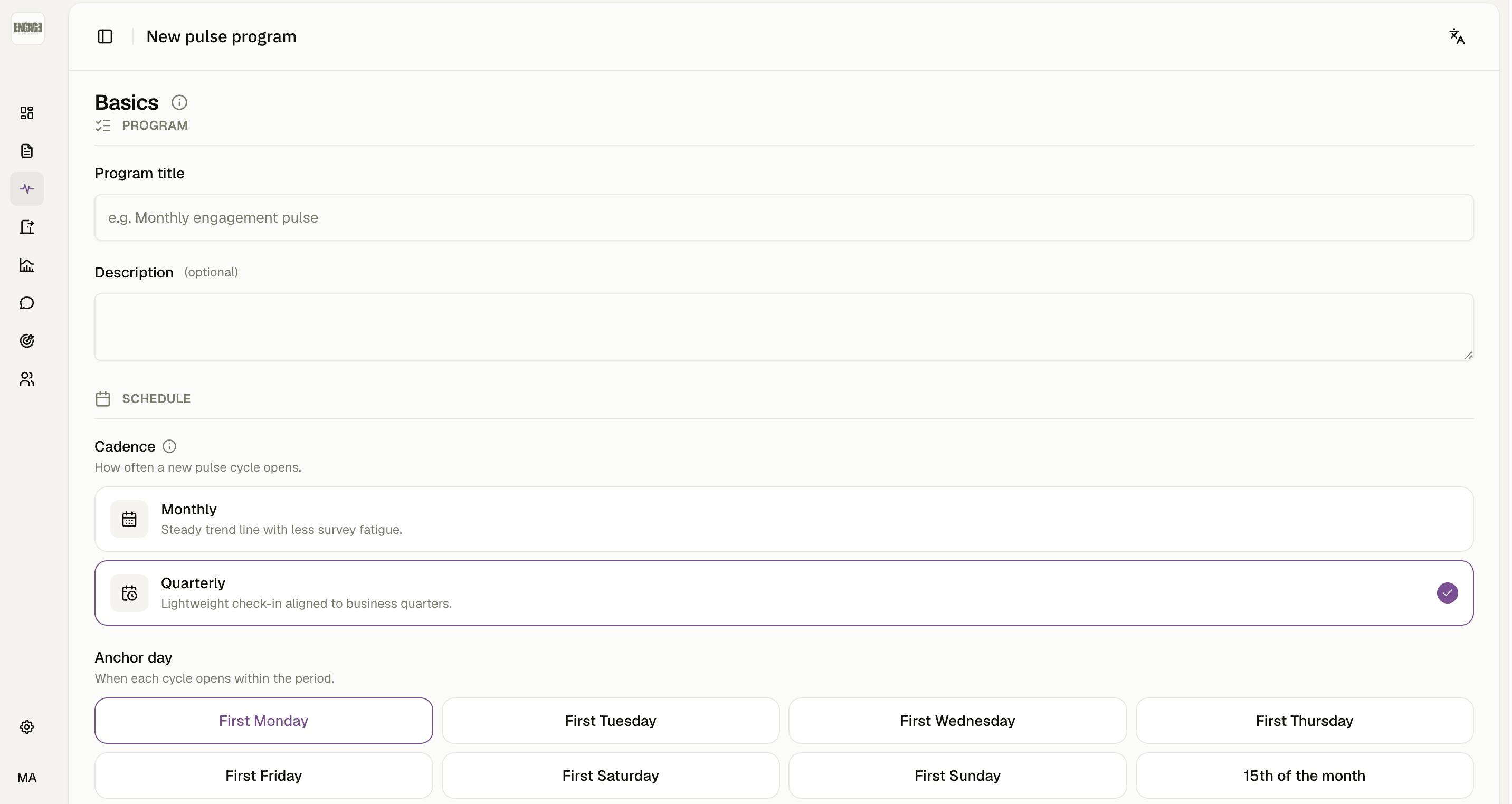 Pulse program setup showing program title, monthly and quarterly cadence options, and anchor day choices